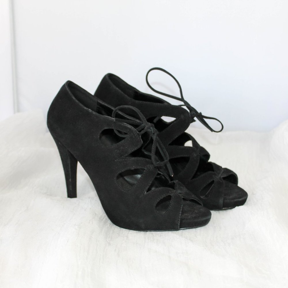 Aldo Black Open Toe High Heel Tie Faux Laced Suede